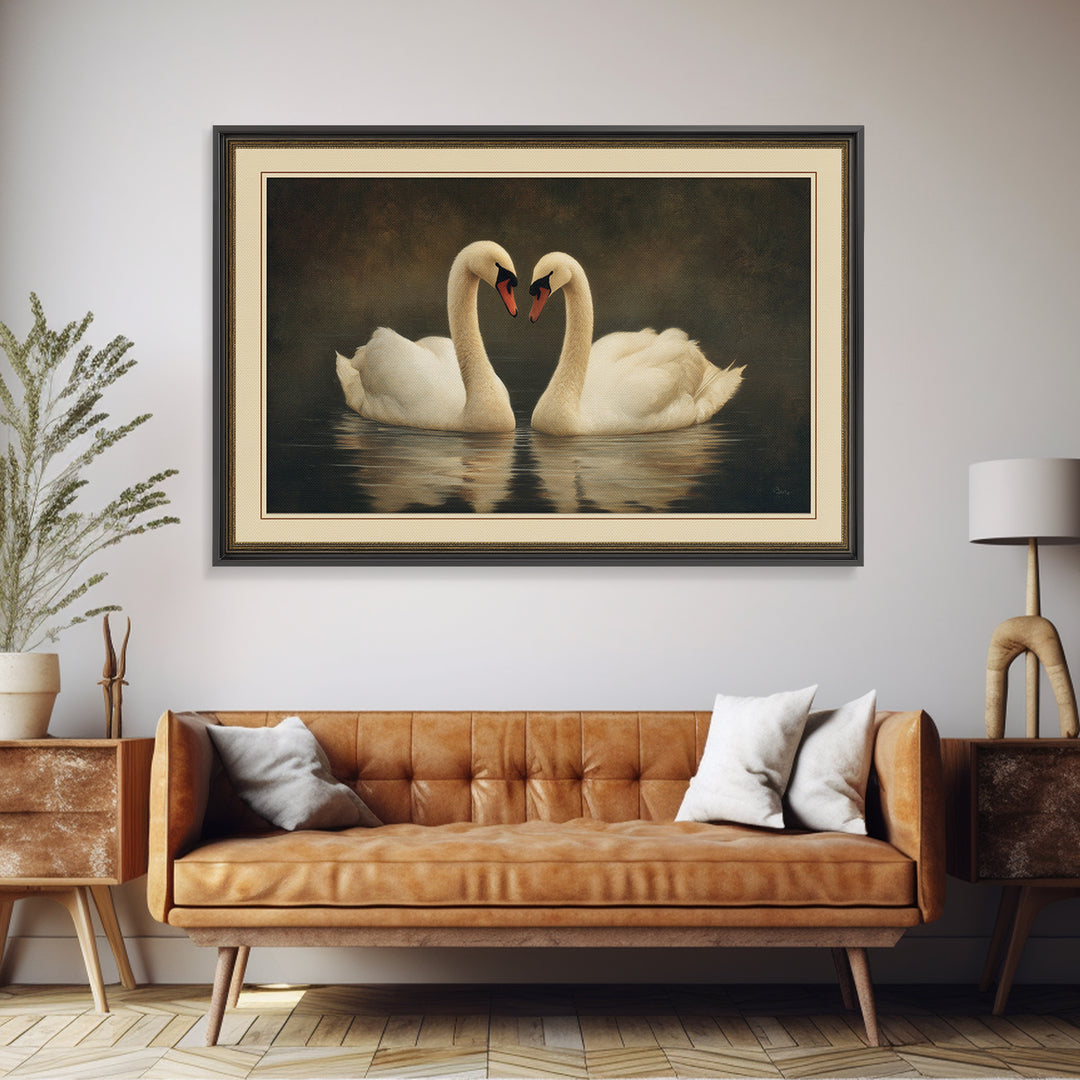 Romantic Swan Pair on Dark Water Canvas Print, Master Bedroom, Wall Decal, Bedroom Decor, Watercolor Art, Sanctuary, MAS-3x2-67