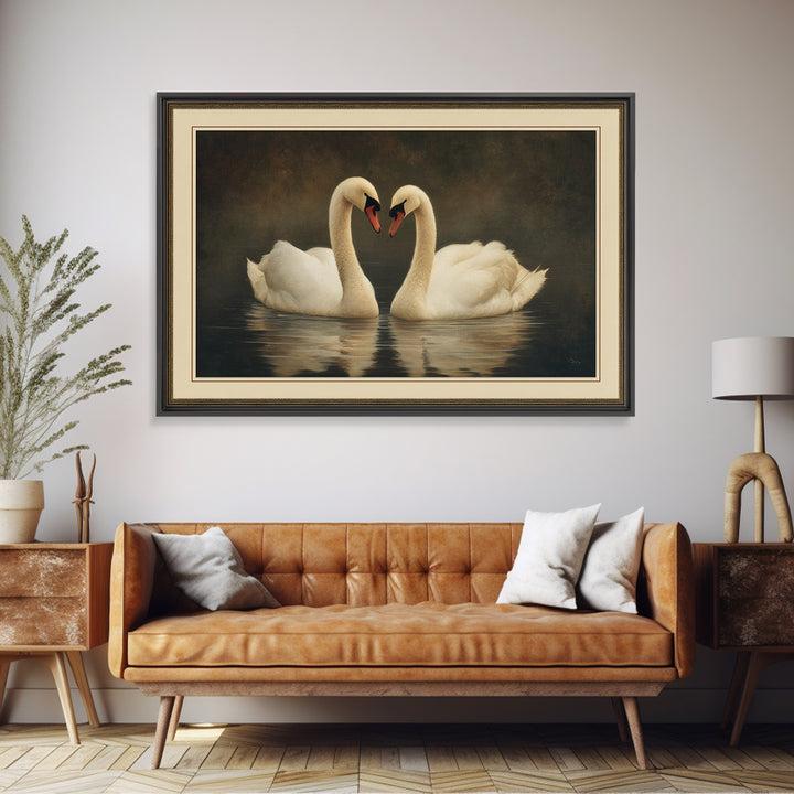 Romantic Swan Pair on Dark Water Canvas Print, Master Bedroom, Wall Decal, Bedroom Decor, Watercolor Art, Sanctuary, MAS-3x2-67