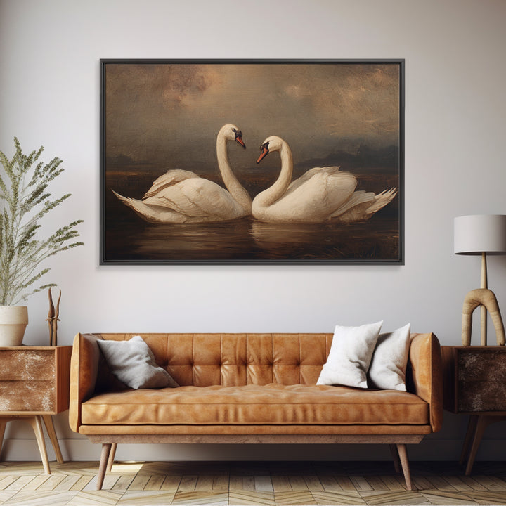 Romantic Swan Pair on Dark Water Framed Canvas Print, Master Bedroom, Farmhouse Wall Decor, Bedroom Decor, Oil Painting, MAS-3x2-91
