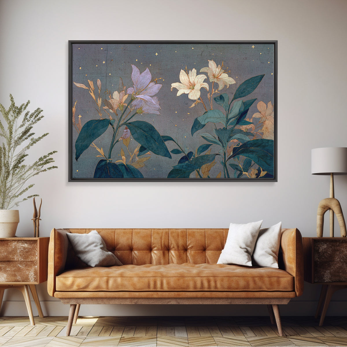 Night Garden with Pale Flowers and Stars Framed Canvas Print, Master Bedroom, Farmhouse Decor, Bedroom Decor, Sanctuary, MAS-3x2-99
