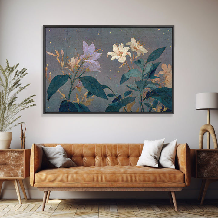 Night Garden with Pale Flowers and Stars Framed Canvas Print, Master Bedroom, Farmhouse Decor, Bedroom Decor, Sanctuary, MAS-3x2-99