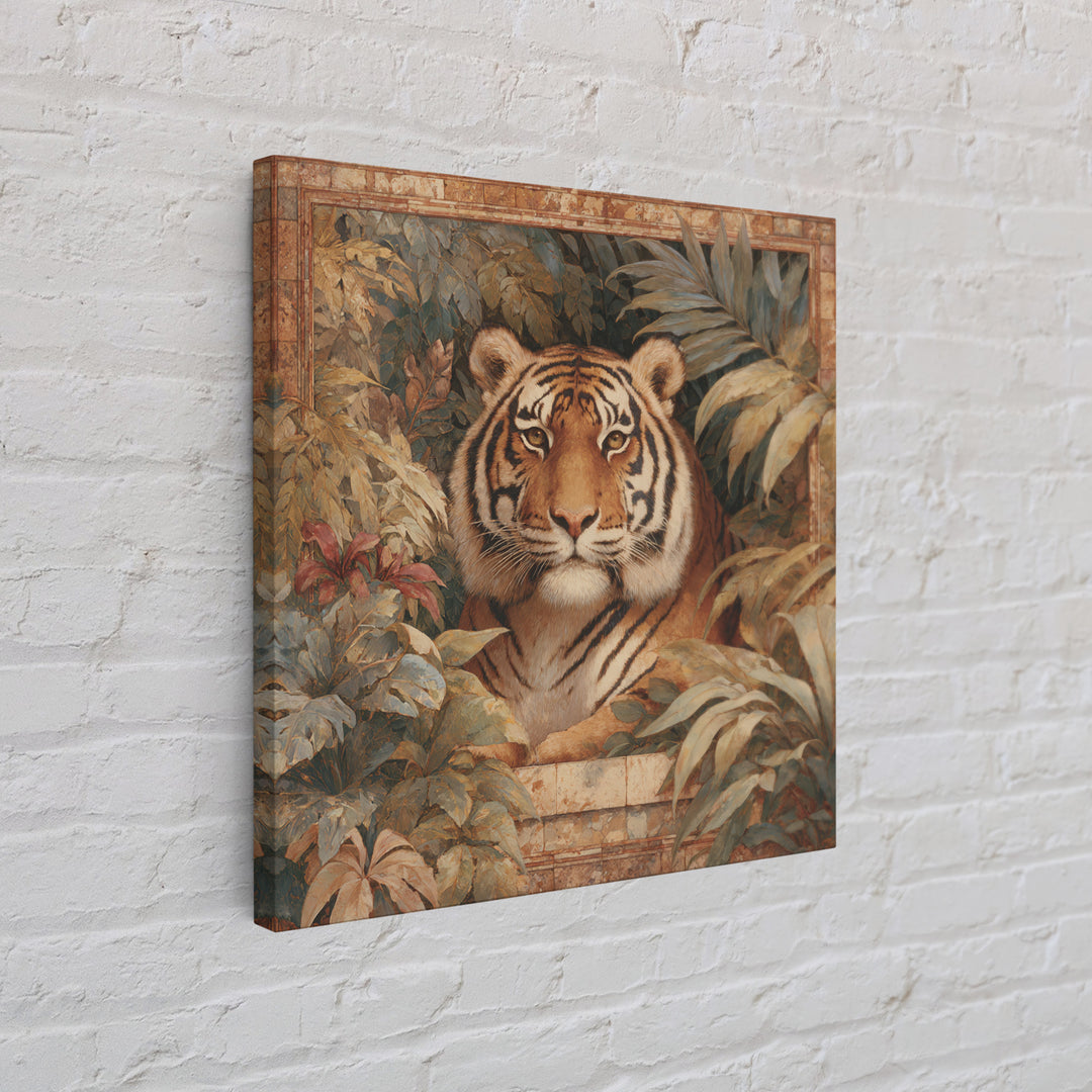 Bold Patterned Tiger Surrounded by Tropical Leaves Canvas Print, Maximalist Art, Moody Wall Art, Living Room Decor, Maximal, MAX-1x1-26