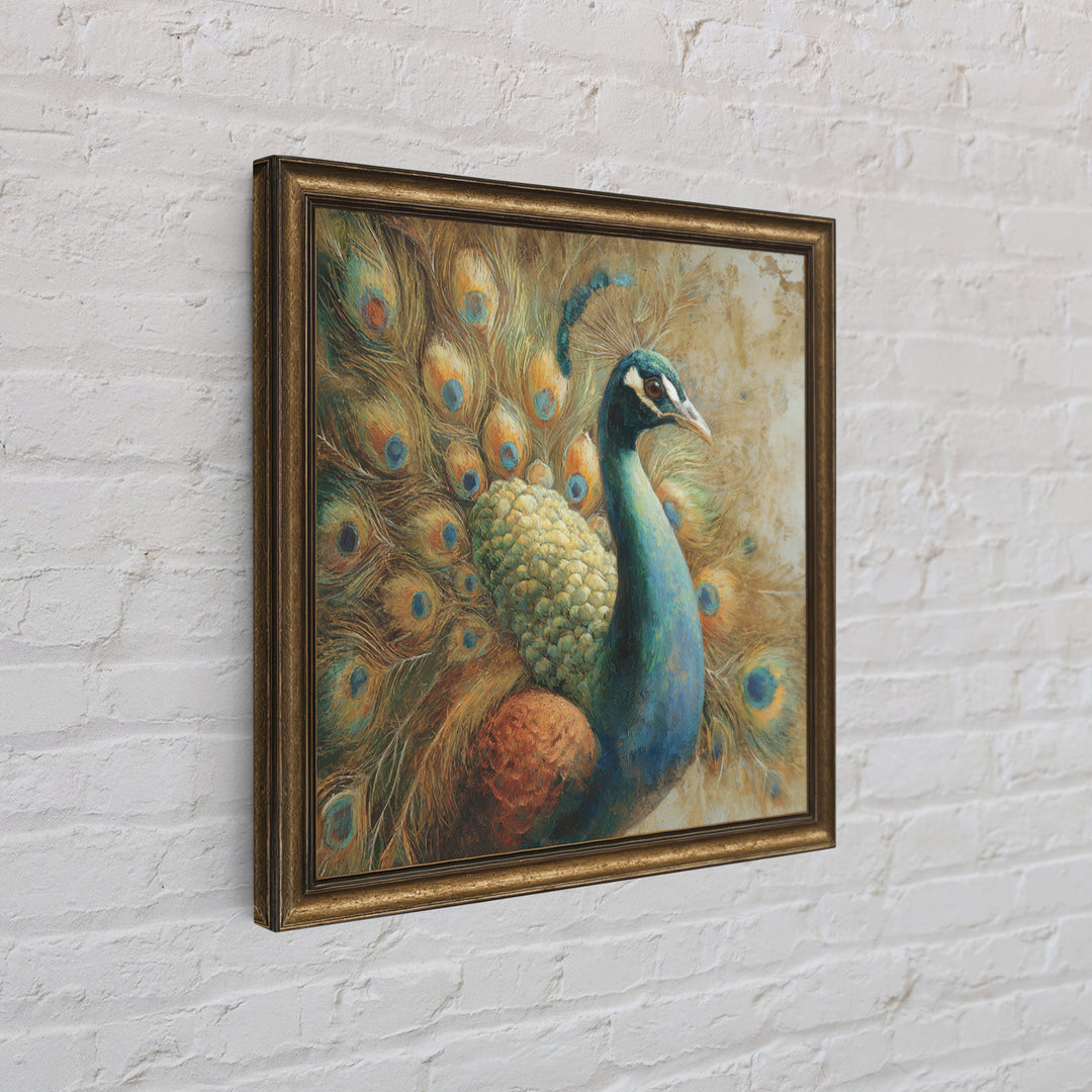 Dramatic Peacock with Oversized Feather Pattern Framed Canvas Print, Maximalist Art, Gallery Decor, Living Room Decor, Maximal, MAX-1x1-32