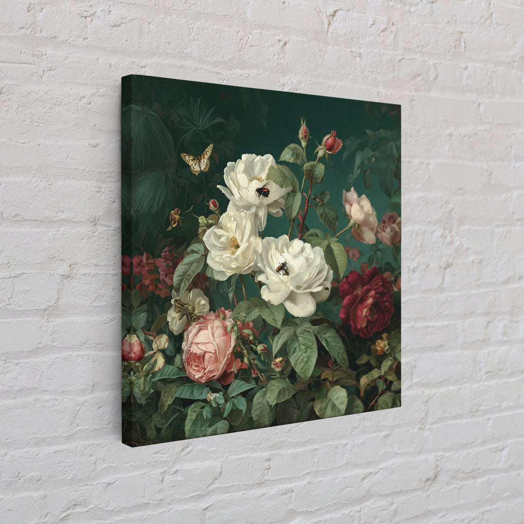 Lush Garden Wall of Roses Palms and Framed Canvas Print, Maximalist Art, Gallery Decor, Living Room Decor, Fine Art, Maximal, MAX-1x1-38
