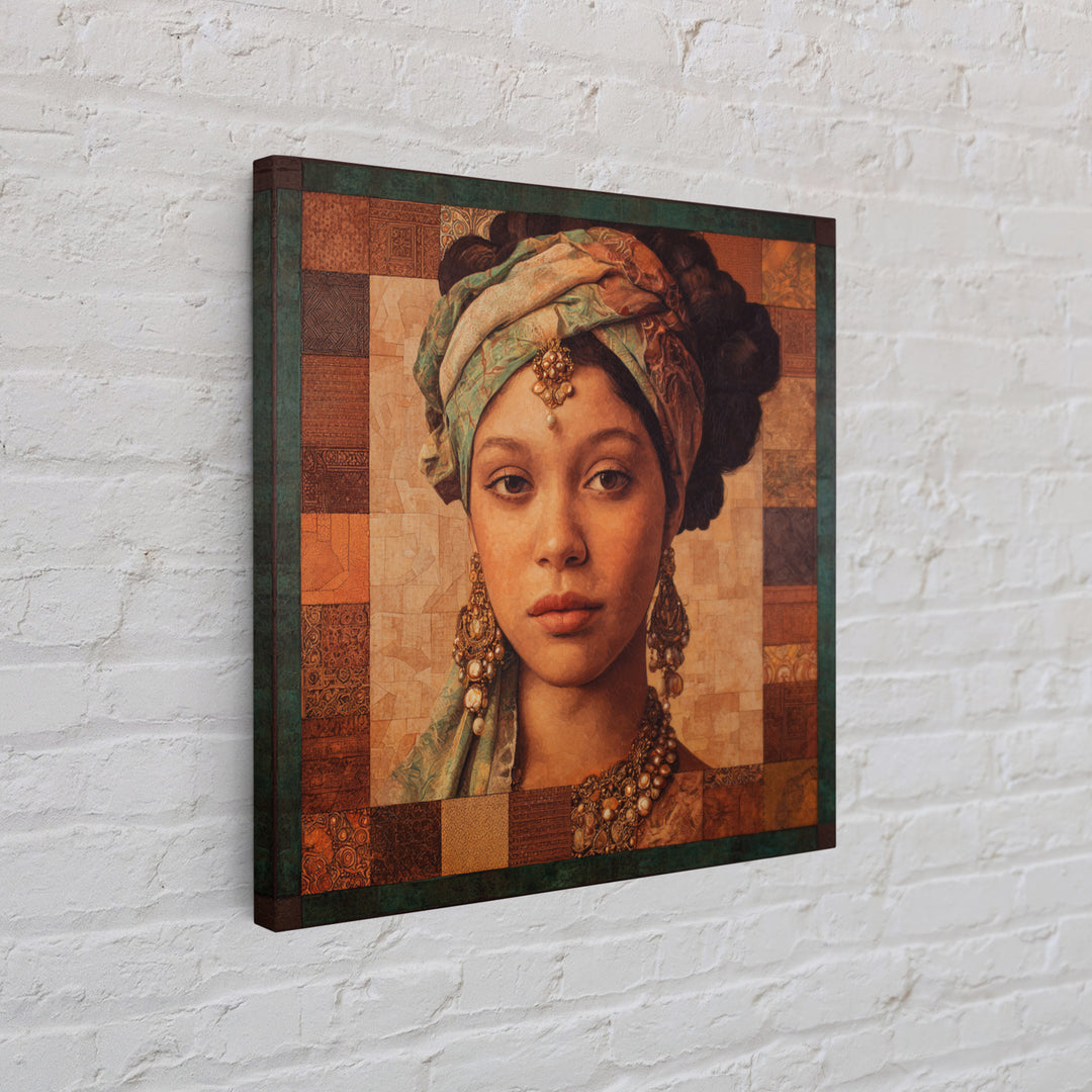 Ornate Portrait with Layered Textiles and Jewels Canvas Print, Maximalist Art, Retro Wall Art, Living Room Decor, Oil Painting, MAX-1x1-76