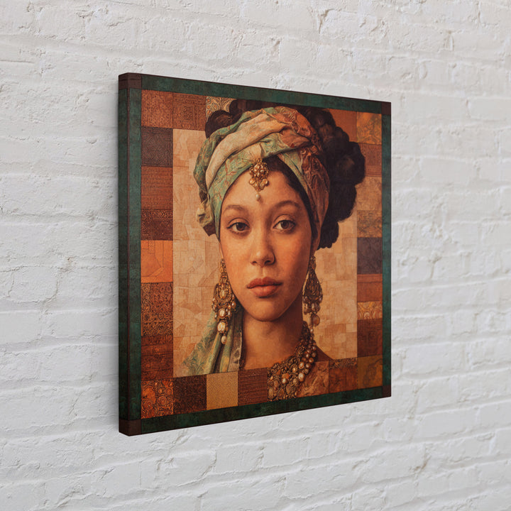 Ornate Portrait with Layered Textiles and Jewels Canvas Print, Maximalist Art, Retro Wall Art, Living Room Decor, Oil Painting, MAX-1x1-76