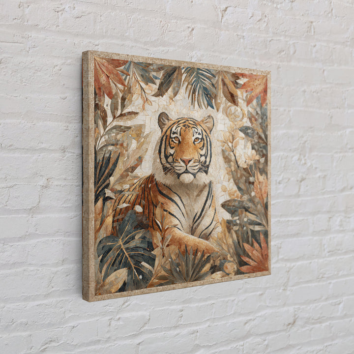 Bold Patterned Tiger Surrounded by Tropical Leaves Canvas Print, Maximalist Art, Textured Painting, Living Room Decor, Maximal, MAX-1x1-98