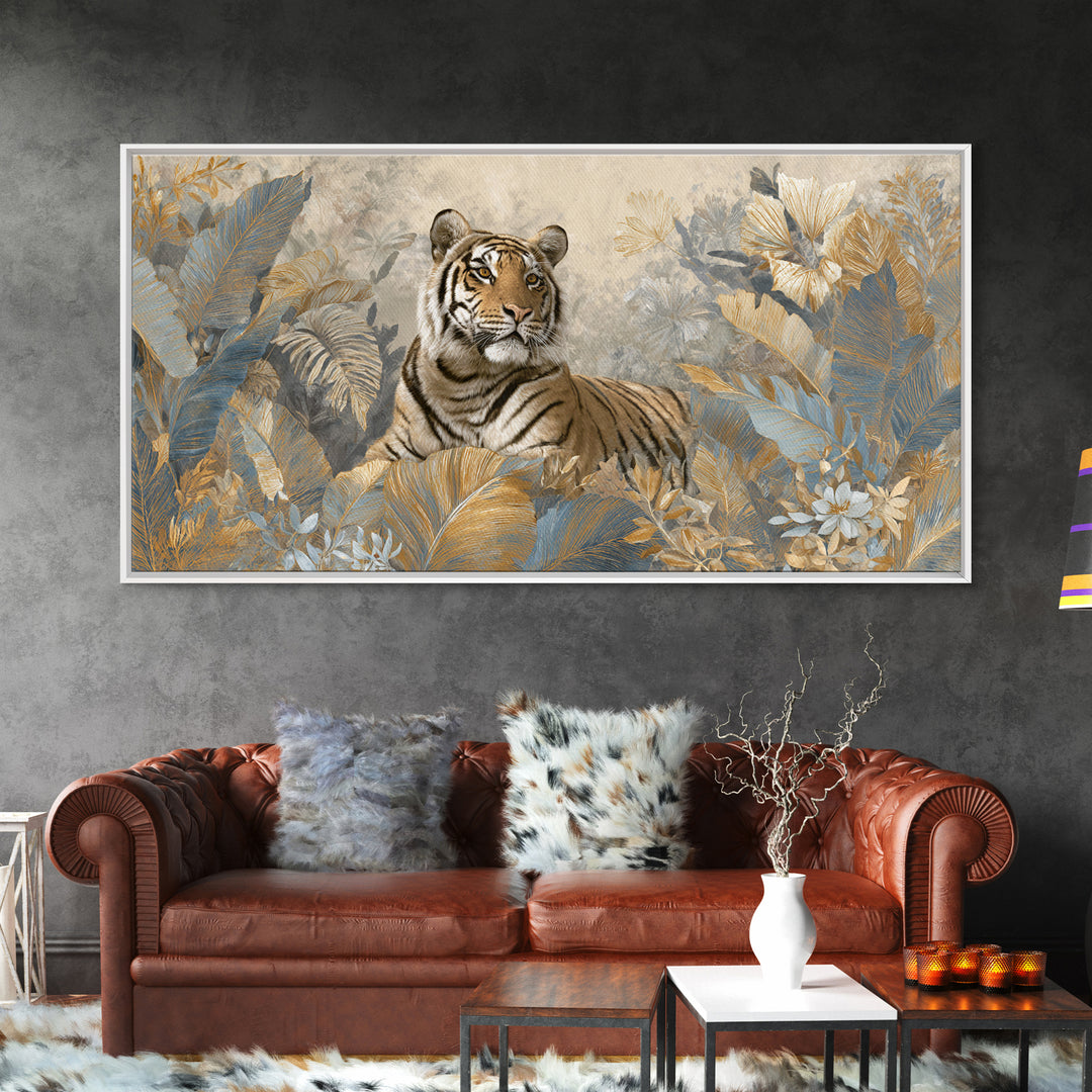 Bold Patterned Tiger Surrounded by Tropical Leaves Canvas Print, Maximalist Art, Textured Painting, Living Room Decor, Maximal, MAX-2x1-22