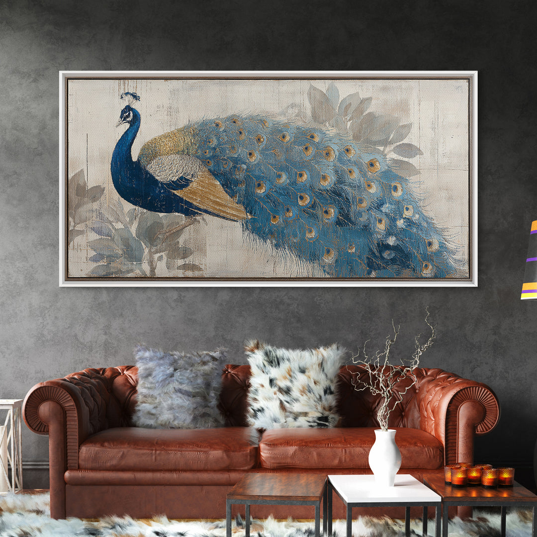 Dramatic Peacock with Oversized Feather Pattern Canvas Print, Maximalist Art, Contemporary Art, Living Room Decor, Maximal, MAX-2x1-28