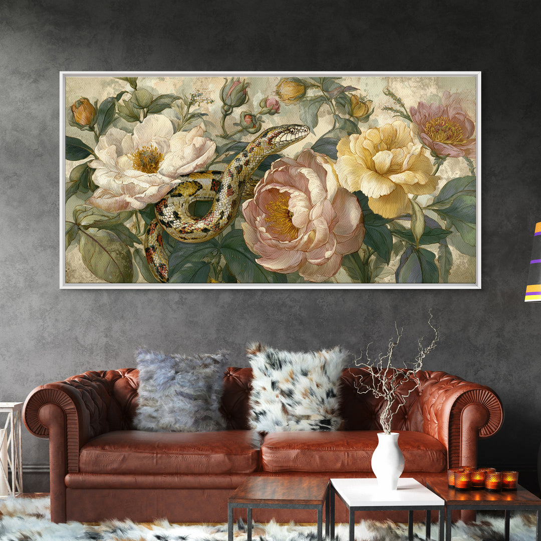 Highly Patterned Snake and Flower Composition Canvas Print, Maximalist Art, Living Room Decor, Maximal, Retro Wall Art, MAX-2x1-33