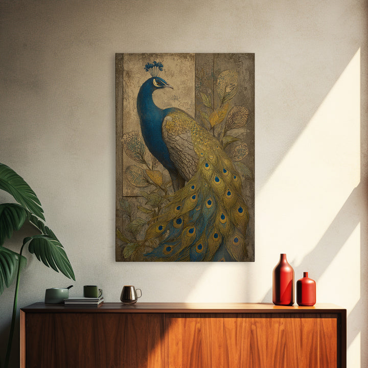 Dramatic Peacock with Oversized Feather Pattern Canvas Print, Maximalist Art, Gallery Decor, Living Room Decor, Maximal, MAX-2x3-16