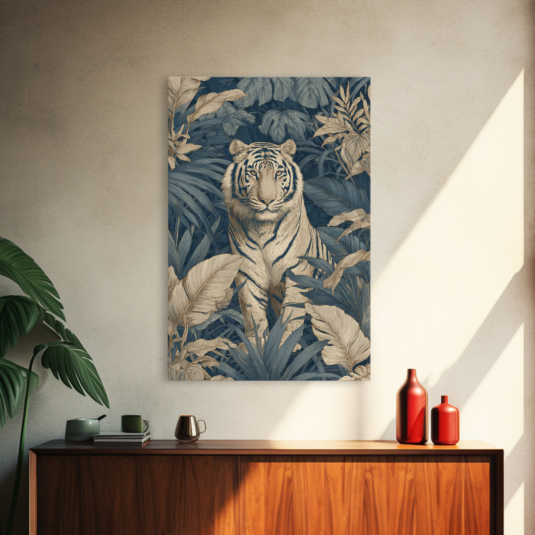 Bold Patterned Tiger Surrounded by Tropical Leaves Framed Canvas Print, Maximalist Art, Art Print, Living Room Decor, Maximal, MAX-2x3-34