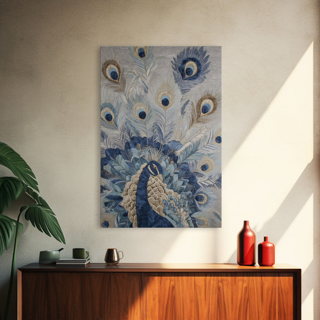 Dramatic Peacock with Oversized Feather Pattern Canvas Print, Maximalist Art, Contemporary Art, Living Room Decor, Maximal, MAX-2x3-40