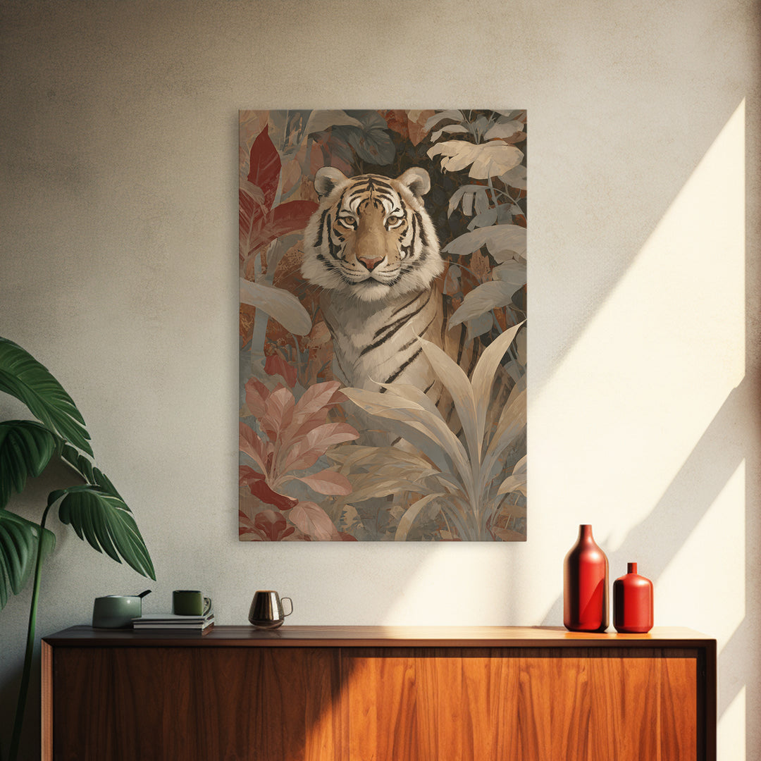 Bold Patterned Tiger Surrounded by Tropical Leaves Canvas Print, Maximalist Art, Art Nouveau, Living Room Decor, Maximal, MAX-2x3-58
