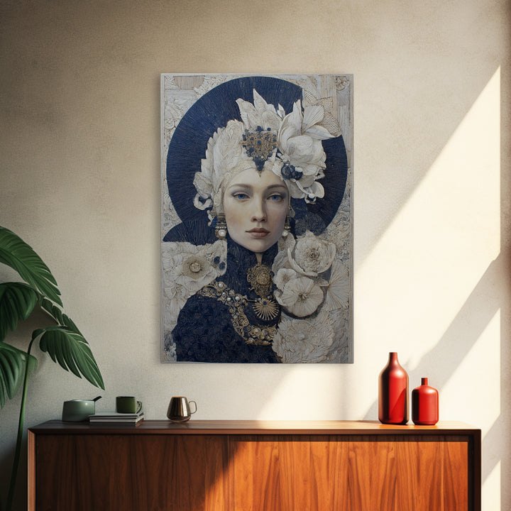 Ornate Portrait with Layered Textiles and Jewels Framed Canvas Print, Maximalist Art, Modern Decor, Living Room Decor, Maximal, MAX-2x3-84