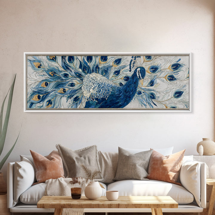Dramatic Peacock with Oversized Feather Pattern Canvas Print, Maximalist Art, Moody Wall Art, Living Room Decor, Maximal, MAX-3x1-24