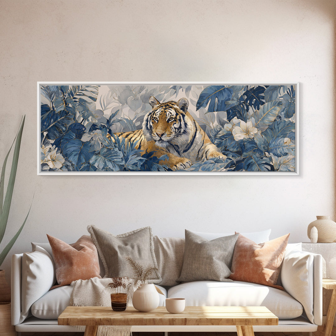Bold Patterned Tiger Surrounded by Tropical Leaves Canvas Print, Maximalist Art, Playroom Decor, Living Room Decor, Maximal, MAX-3x1-90