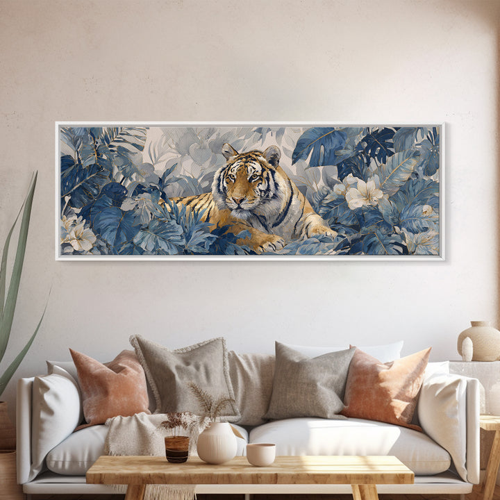 Bold Patterned Tiger Surrounded by Tropical Leaves Canvas Print, Maximalist Art, Playroom Decor, Living Room Decor, Maximal, MAX-3x1-90