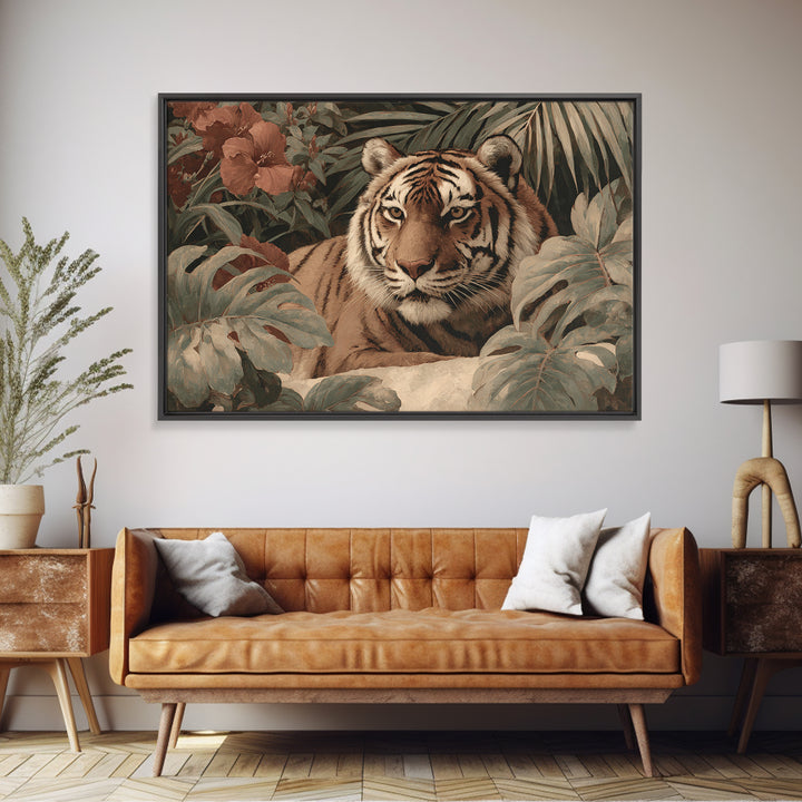 Bold Patterned Tiger Surrounded by Tropical Leaves Canvas Print, Maximalist Art, Modern Wall Art, Living Room Decor, Maximal, MAX-3x2-30