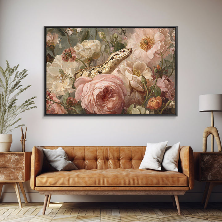 Highly Patterned Snake and Flower Composition Framed Canvas Print, Maximalist Art, Trendy Wall Art, Living Room Decor, Maximal, MAX-3x2-41