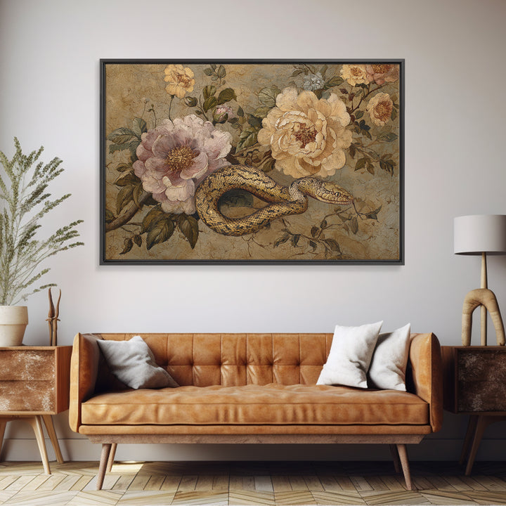 Highly Patterned Snake and Flower Composition Framed Canvas Print, Maximalist Art, Trendy Wall Art, Living Room Decor, Maximal, MAX-3x2-65
