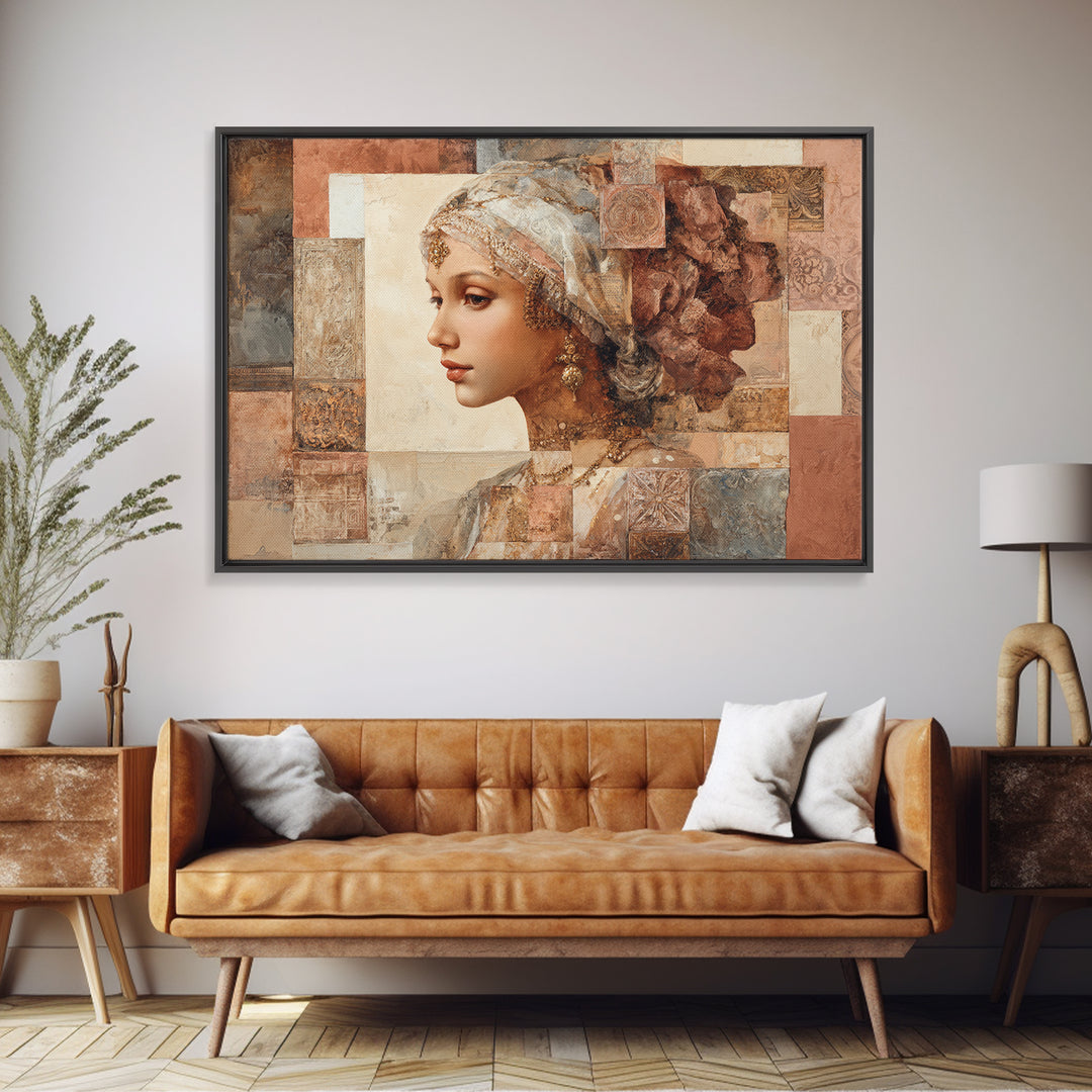 Ornate Portrait with Layered Textiles and Jewels Framed Canvas Print, Maximalist Art, Home Decor, Living Room Decor, Maximal, MAX-3x2-80