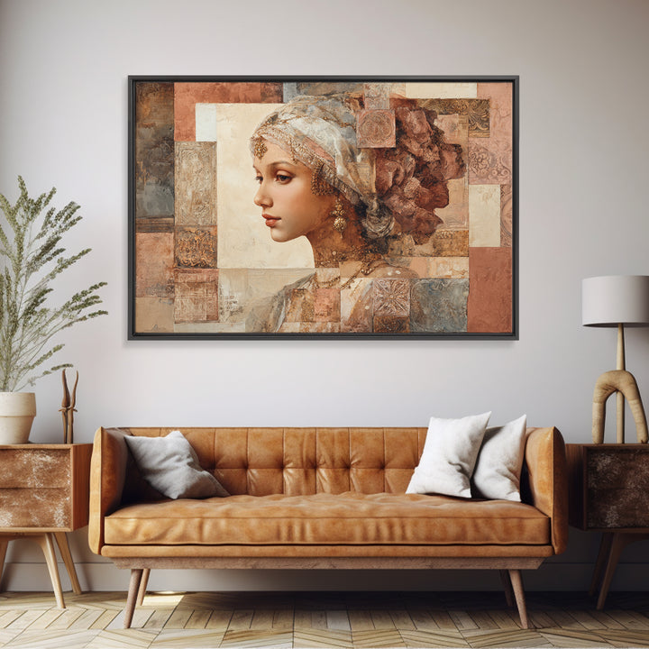 Ornate Portrait with Layered Textiles and Jewels Framed Canvas Print, Maximalist Art, Home Decor, Living Room Decor, Maximal, MAX-3x2-80