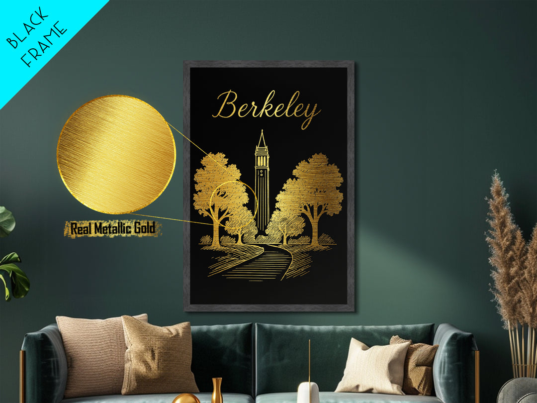 Berkeley California Art, Metallic Gold Print, Wood Framed Art, Metal Art, Minimalist Wall Art, Birthday Travel Gift, Anniversary Travel Gift