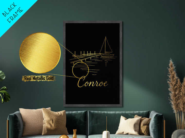 Conroe Texas Travel, Metallic Gold Print, Wood Framed Art, Metal Art, Modern Skyline Wall Print, Adventure Lover Gift, Bedroom Art