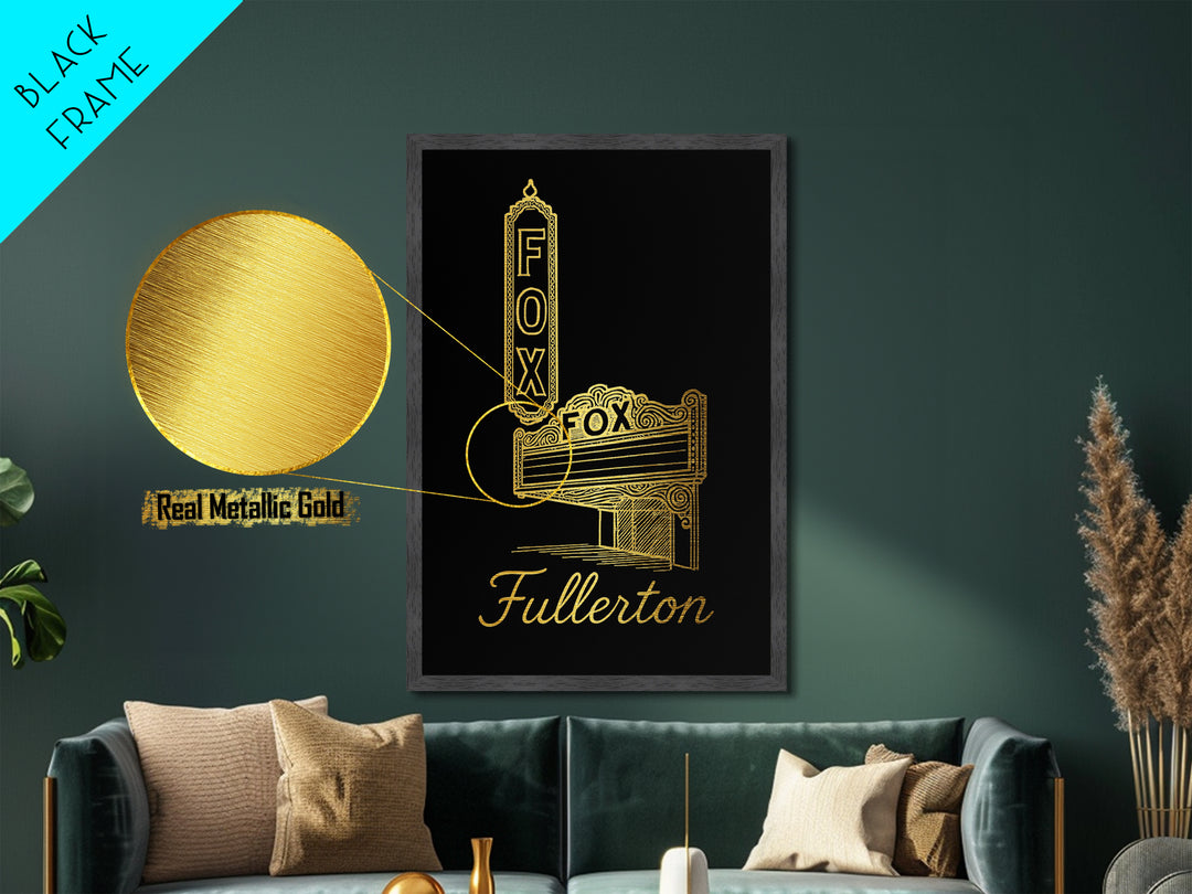 Fullerton California Travel, Metallic Gold Art, Wood Framed Art, Metal Art, Modern Skyline Wall Print, Retirement Gift, Bedroom Wall Art