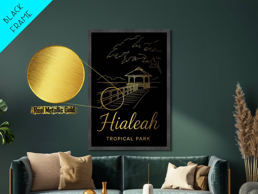 Hialeah Florida Travel, Metallic Gold Art, Wood Framed Art, Metal Art, Modern Skyline Wall Print, Anniversary Gift, Bedroom Art