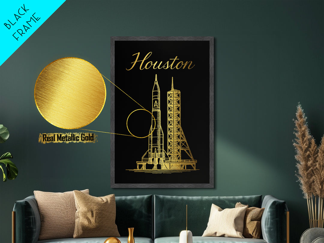Houston Texas Art, Metallic Gold Print, Wood Framed Art, Metal Art, Modern Wall Art, Adventure Lover Gift, Entryway Wall Print