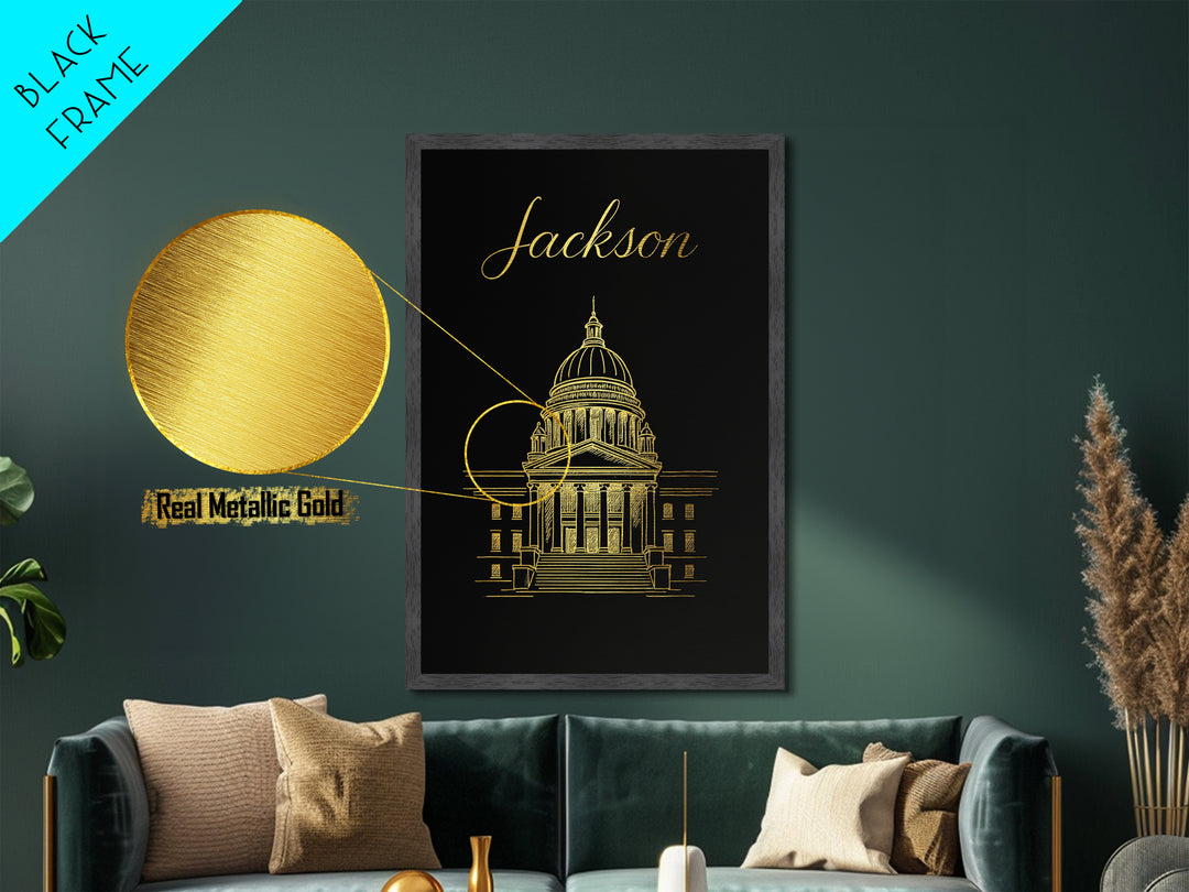 Jackson Mississippi Art, Metallic Gold Art, Wood Framed Art, Metal Art, Minimalist Wall Art, Destination Gift, Entryway Wall Print