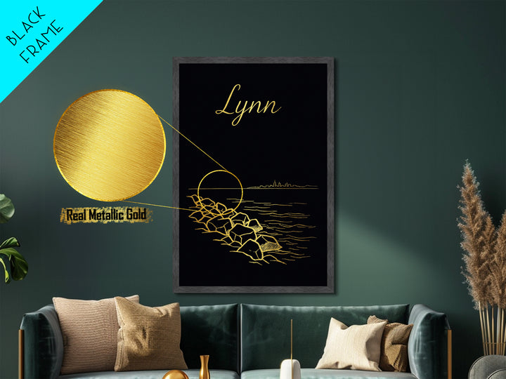 Lynn Massachusetts Art, Metallic Gold Art, Wood Framed Art, Metal Art, Traveler Gift, Entryway Wall Print, Living Room Art