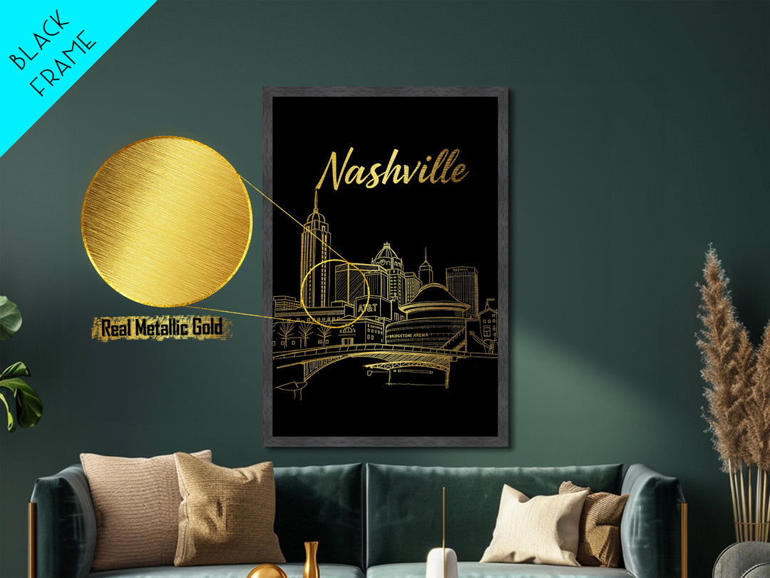 Nashville Tennessee Travel, Metallic Gold Art, Wood Framed Art, Metal Art, Minimalist Wall Art, Honeymoon Gift, Bedroom Art