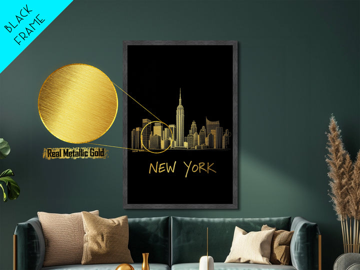 New York New York Travel, Metallic Gold Print, Wood Framed Art, Metal Art, Retirement Gift, Hallway Wall Art, Bedroom Wall Art