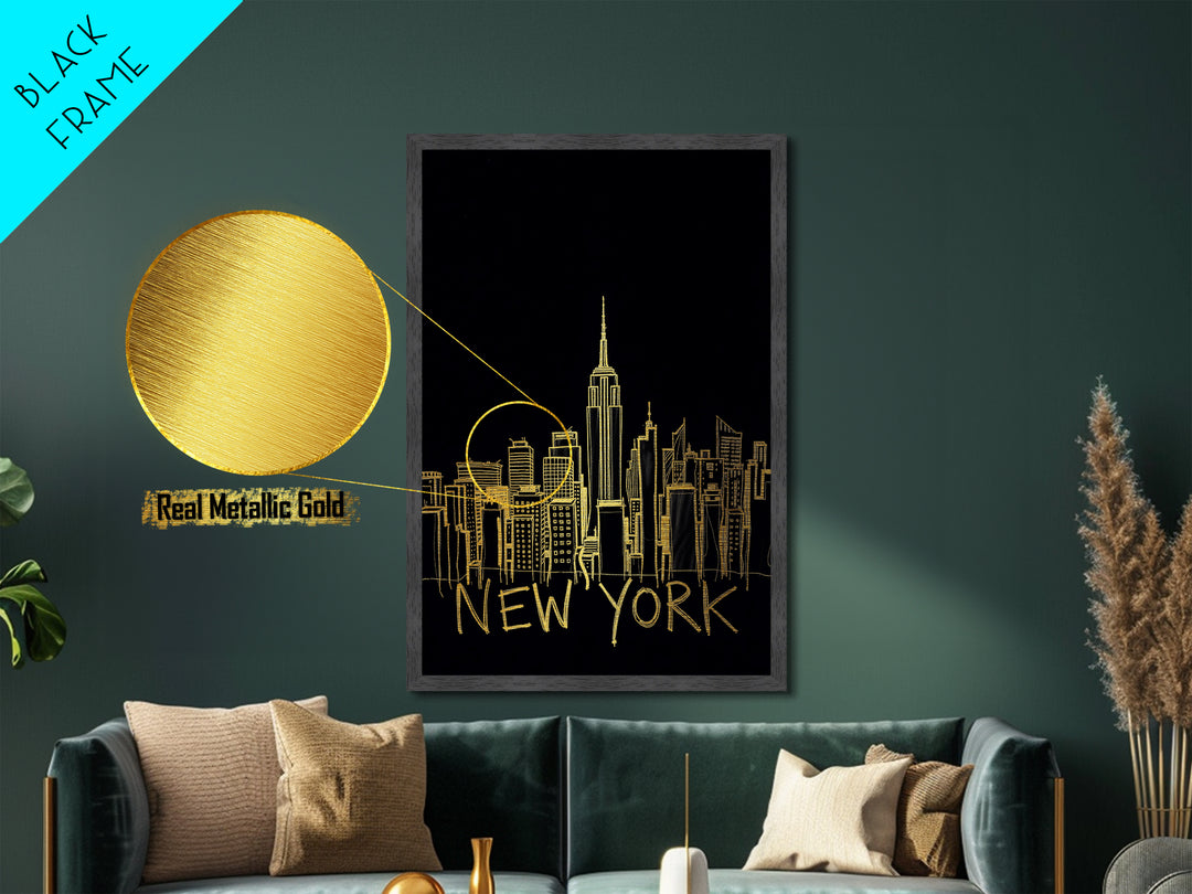 New York New York Travel, Metallic Gold Print, Wood Framed Art, Metal Art, Minimalist Wall Art, Destination Gift, Living Room Art