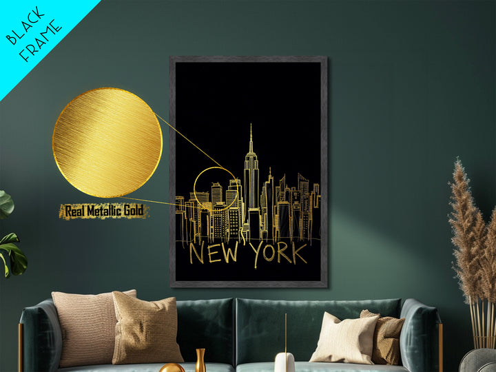 New York New York Travel, Metallic Gold Print, Wood Framed Art, Metal Art, Minimalist Wall Art, Destination Gift, Living Room Art