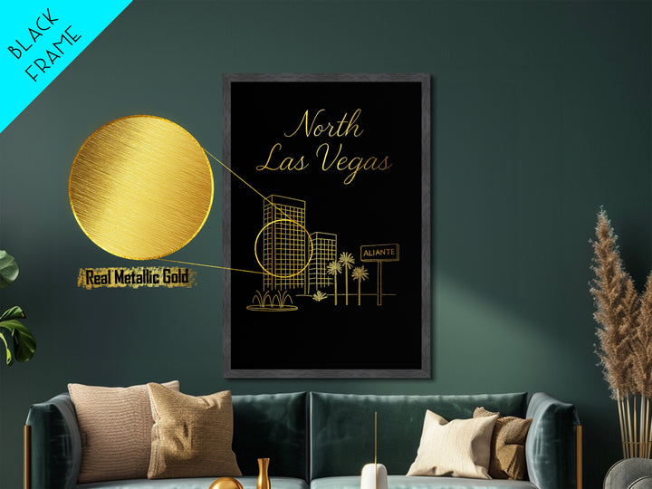 North Las Vegas Nevada Travel, Metallic Gold Art, Wood Framed Art, Metal Art, Minimalist Wall Art, Destination Gift, Living Room Art