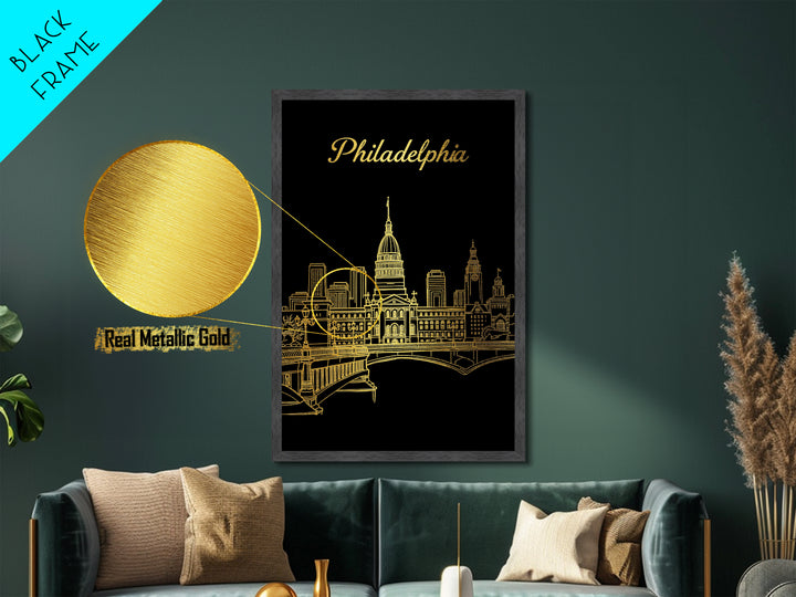 Philadelphia Pennsylvania Travel, Metallic Gold Art, Wood Framed Art, Metal Art, Traveler Gift, Bedroom Wall Art, Hallway Wall Art