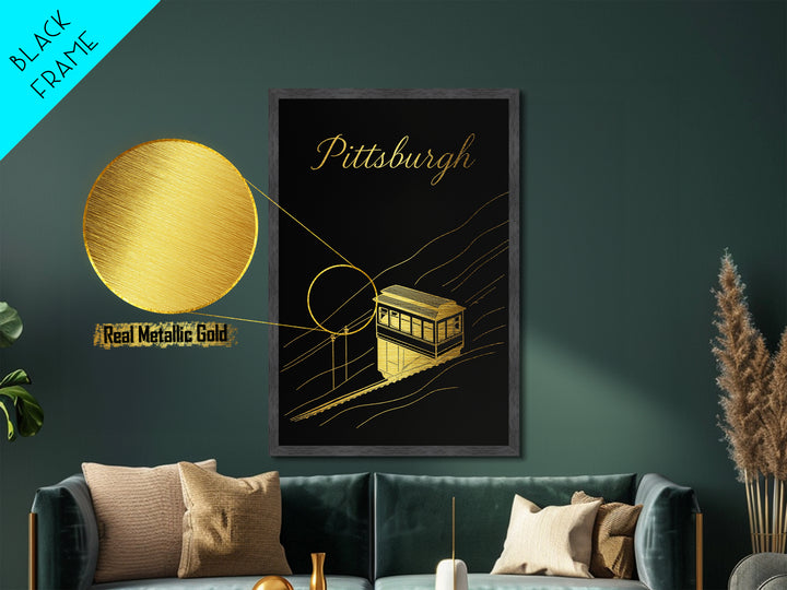 Pittsburgh Pennsylvania Travel, Metallic Gold Print, Wood Framed Art, Metal Art, Modern House Art, Honeymoon Gift, Entryway Wall Print