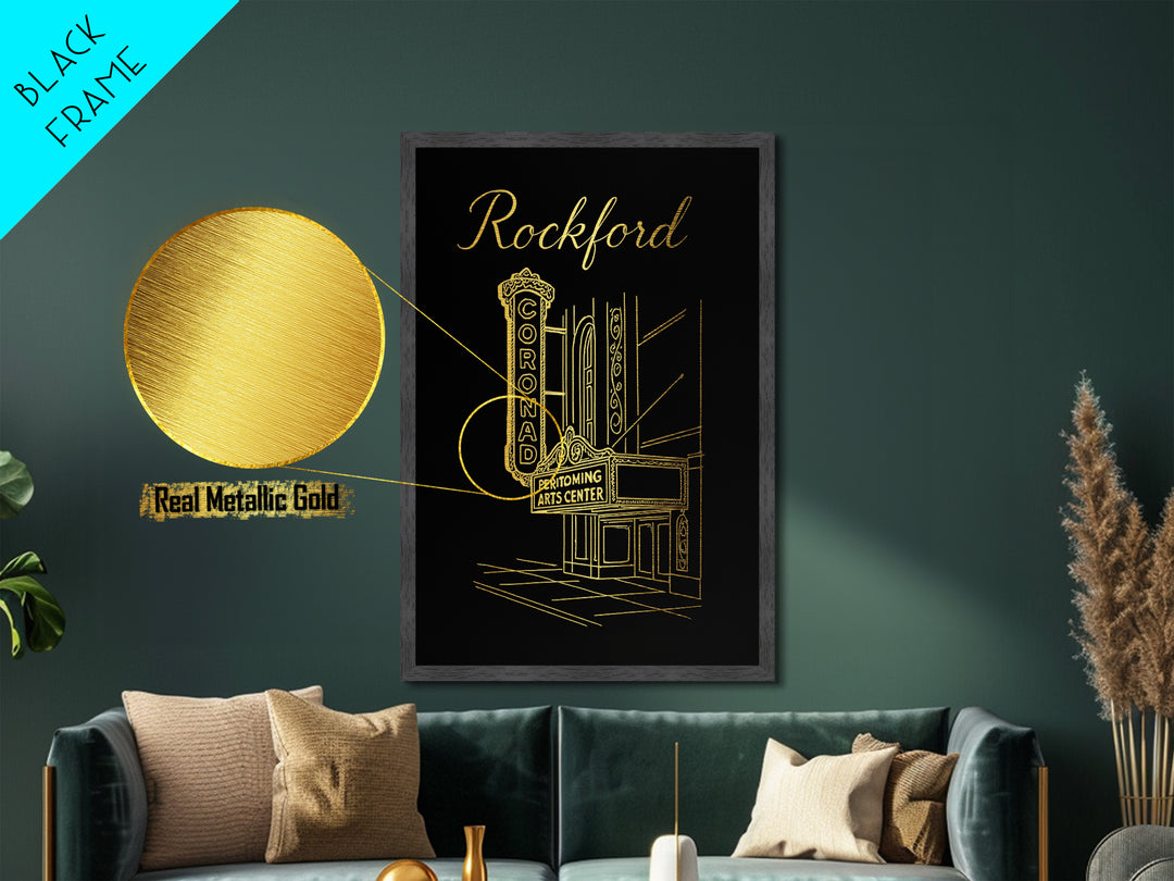 Rockford Illinois Travel, Metallic Gold Print, Wood Framed Art, Metal Art, Modern Wall Art, Anniversary Travel Gift, Bedroom Decor