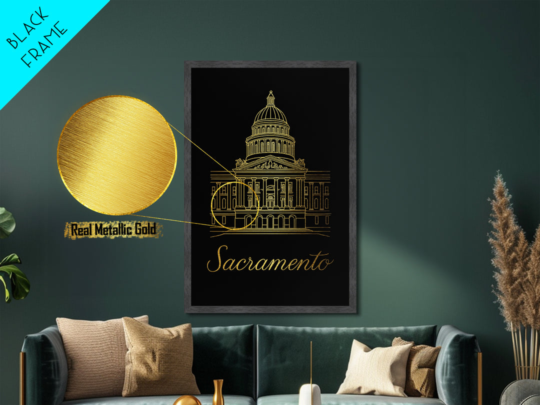 Sacramento California Travel, Metallic Gold Print, Wood Framed Art, Metal Art, Modern Wall Art, Graduation Travel Gift, Bedroom Decor