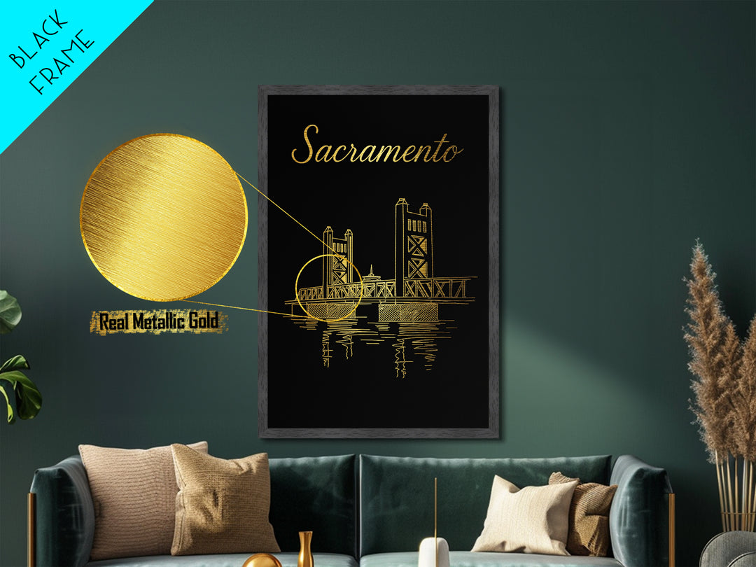 Sacramento California Art, Metallic Gold Art, Wood Framed Art, Metal Art, Modern House Art, Traveler Gift, Home Decor