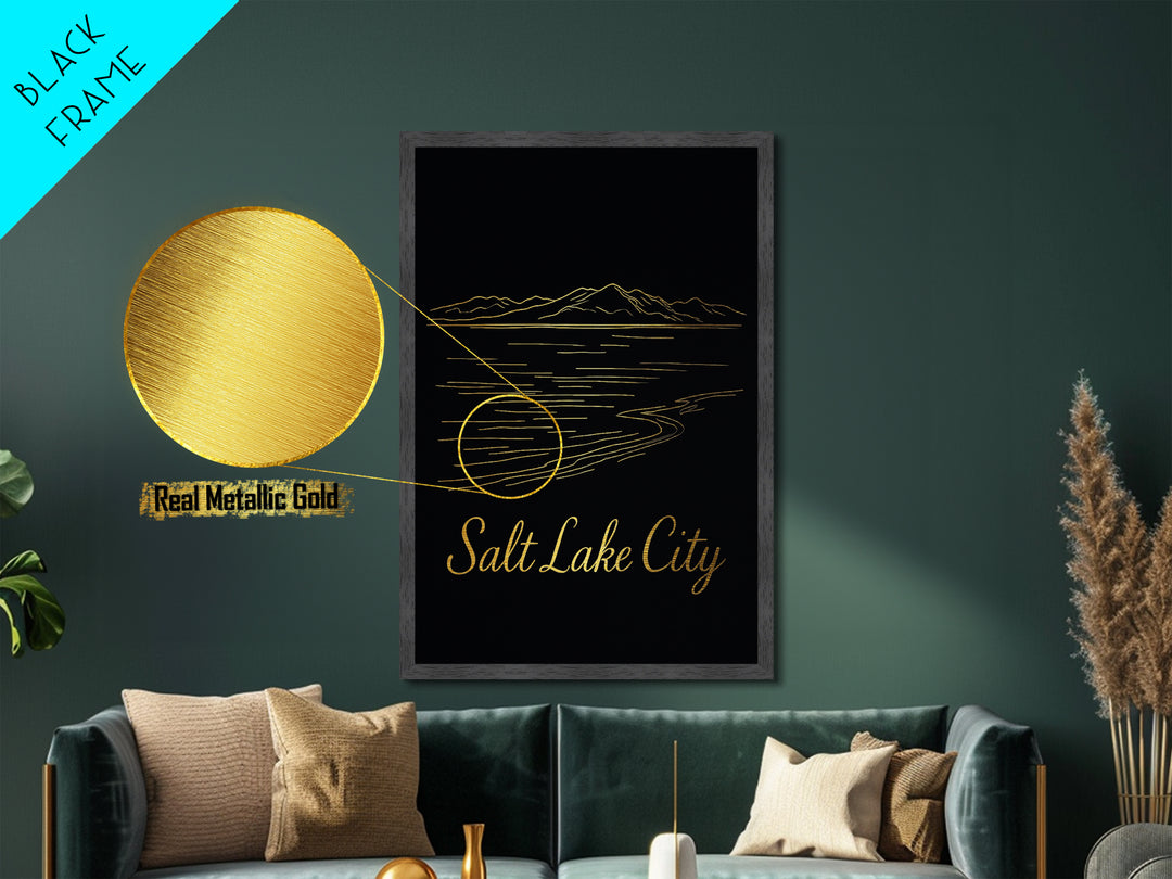 Salt Lake City Utah Travel, Metallic Gold Print, Wood Framed Art, Metal Art, Modern Wall Art, Anniversary Travel Gift, Living Room Decor