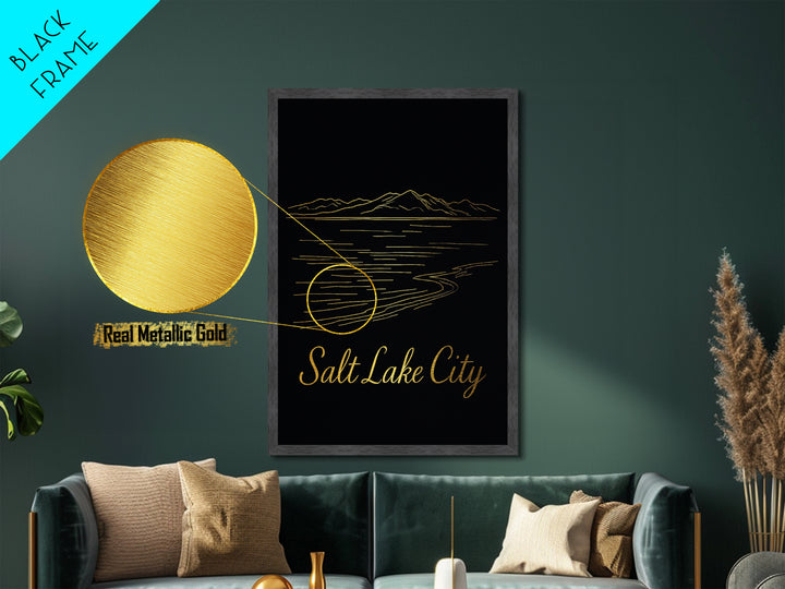 Salt Lake City Utah Travel, Metallic Gold Print, Wood Framed Art, Metal Art, Modern Wall Art, Anniversary Travel Gift, Living Room Decor