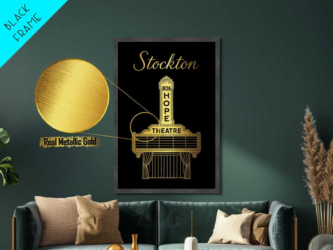 Stockton California Travel, Metallic Gold Print, Wood Framed Art, Metal Art, Modern Wall Art, Anniversary Travel Gift, Living Room Decor