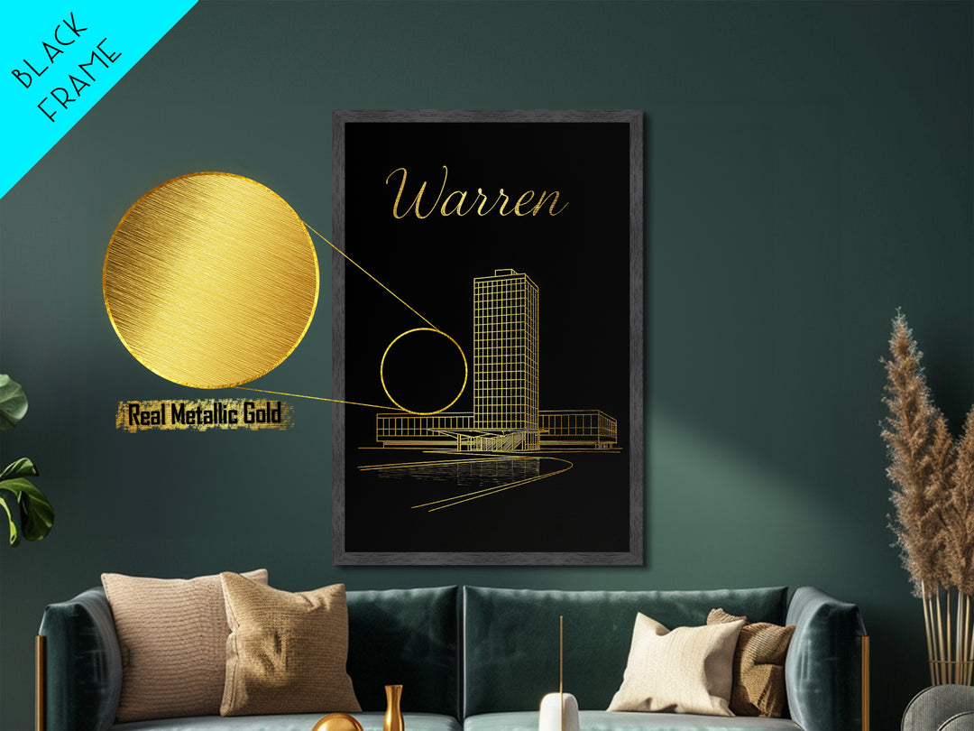 Warren Michigan Travel, Metallic Gold Print, Wood Framed Art, Metal Art, Modern House Art, Retirement Travel Gift, Living Room Decor