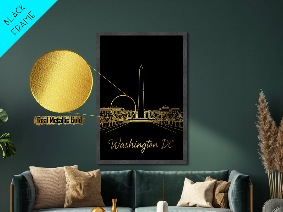 Washington DC Travel, Metallic Gold Print, Wood Framed Art, Metal Art, Minimalist Wall Art, Destination Gift, Bedroom Decor