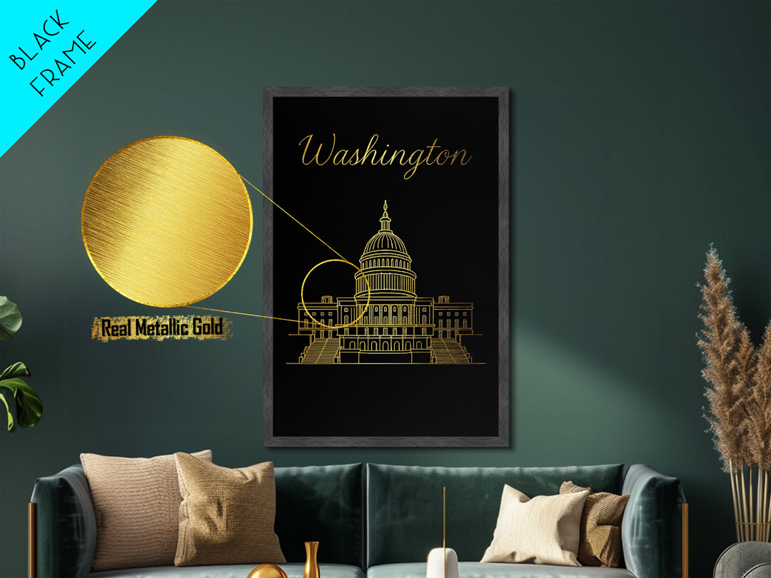 Washington DC Art, Metallic Gold Art, Wood Framed Art, Metal Art, Modern House Art, Wanderlust Gift, Office Decor